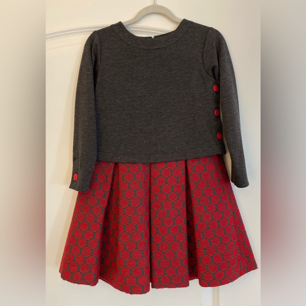 Florence Eiseman red and grey textured girls dress with button detail.